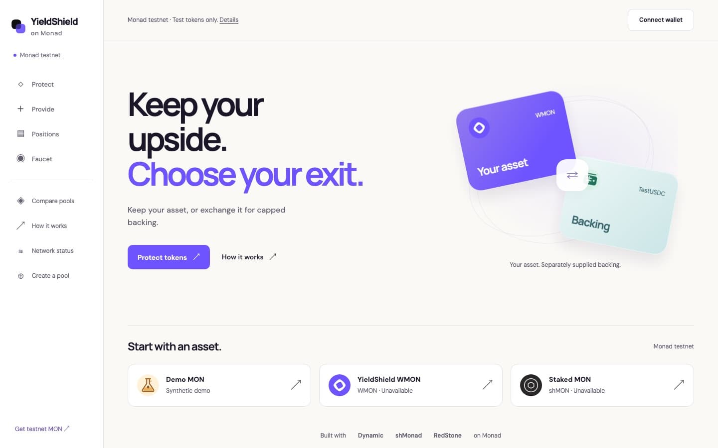 The YieldShield app on Monad testnet